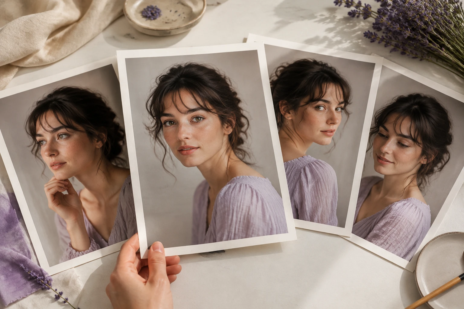 Four female character portrait candidates with one strongest direction brought forward