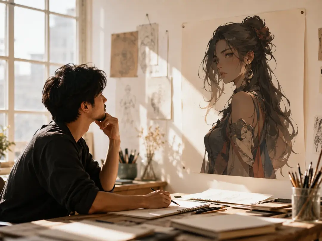 Character creator developing an original female portrait concept in a bright studio
