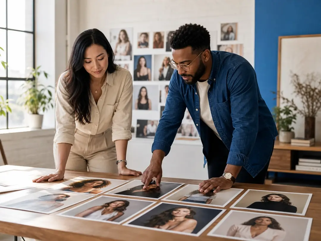 Marketing team reviewing several female character directions for a campaign concept