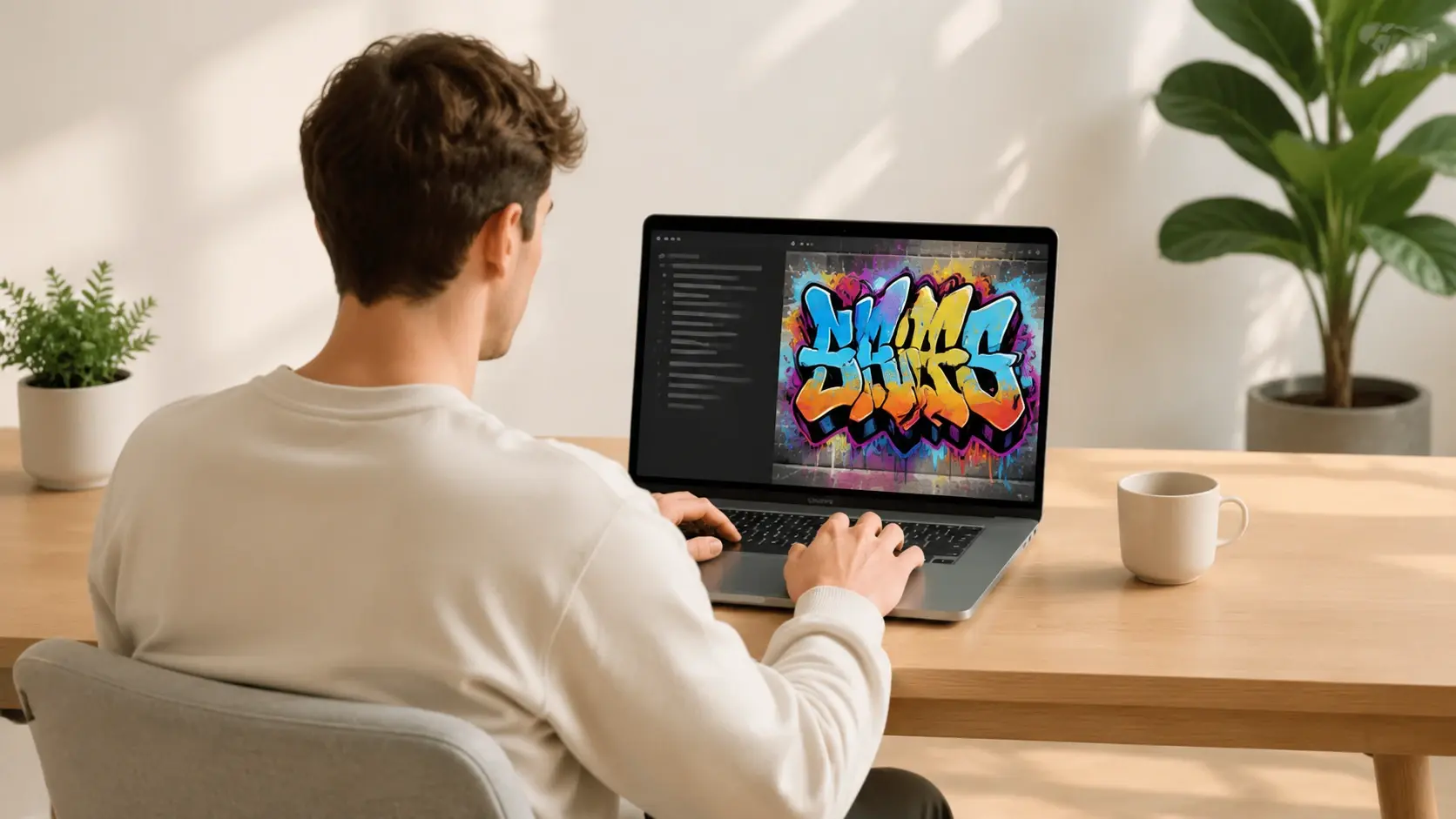 Person typing a graffiti prompt with no spray cans on the desk