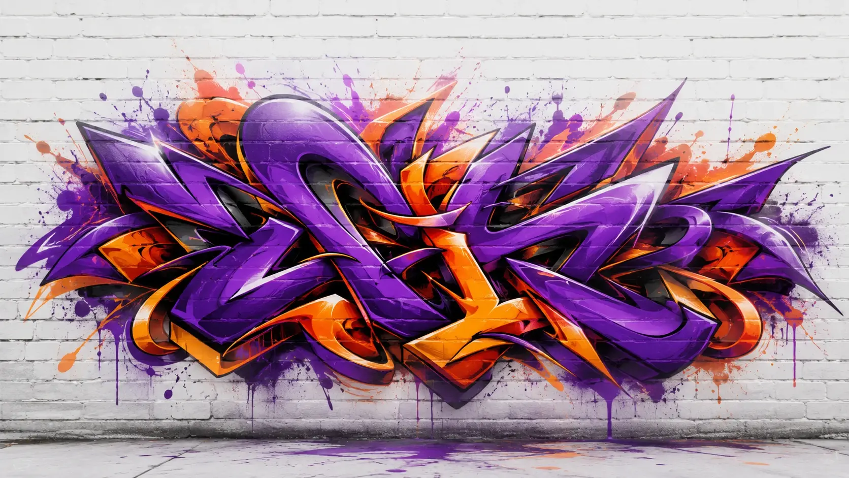 Wildstyle graffiti name sprayed on a brick wall in bold purple and orange