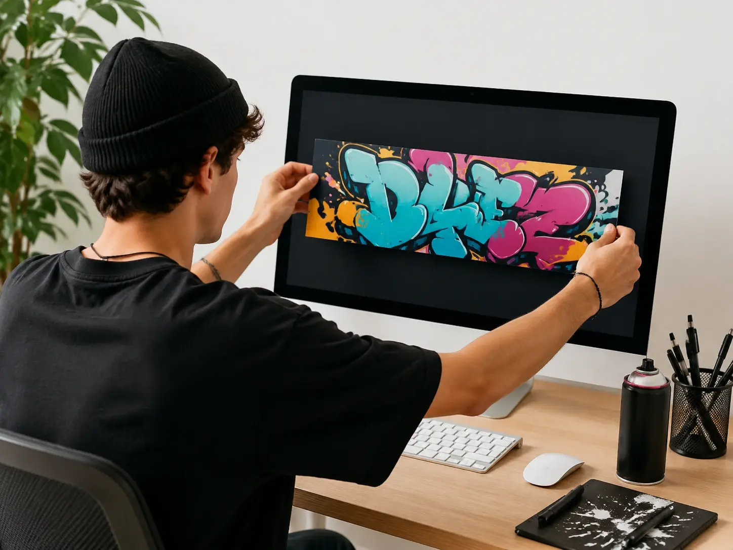 Content creator dropping a bubble graffiti image into a social media cover