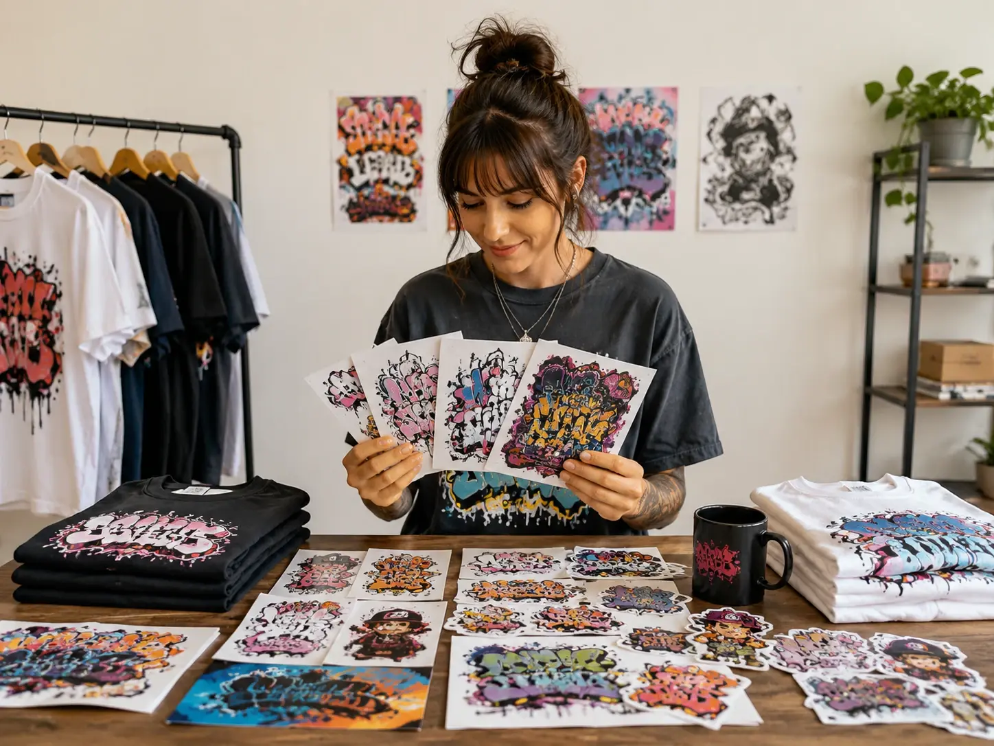 Small shop owner reviewing graffiti sticker designs for a merch table