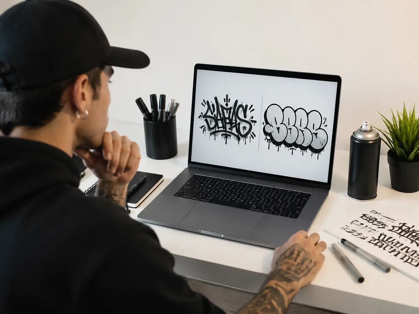 Graffiti fan comparing tag and throwup lettering on a laptop screen