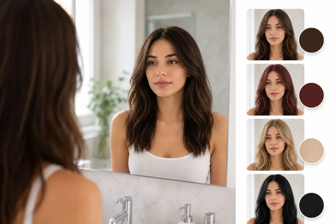Bathroom mirror portrait beside ai hairstyle changer color options for dye choice