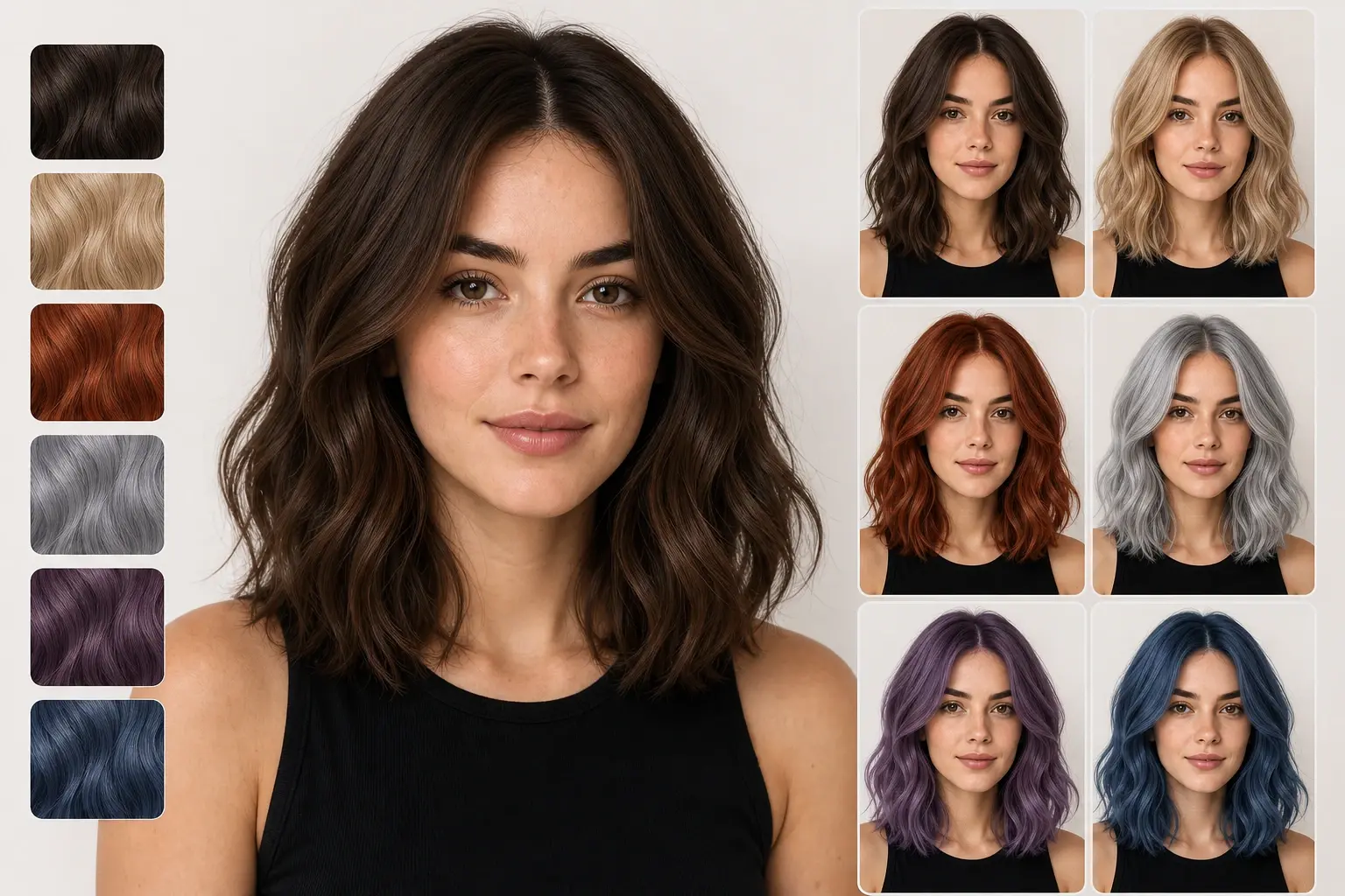 Hair color swatches applied through ai hairstyle changer to one portrait preview