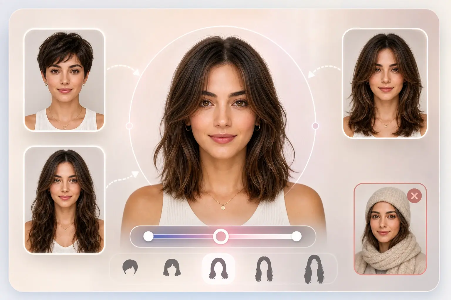 Short and long cut options shown in an ai hairstyle changer preview strip