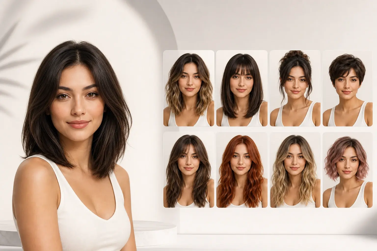 Selfie preview grid showing ai hairstyle changer results for cut and color
