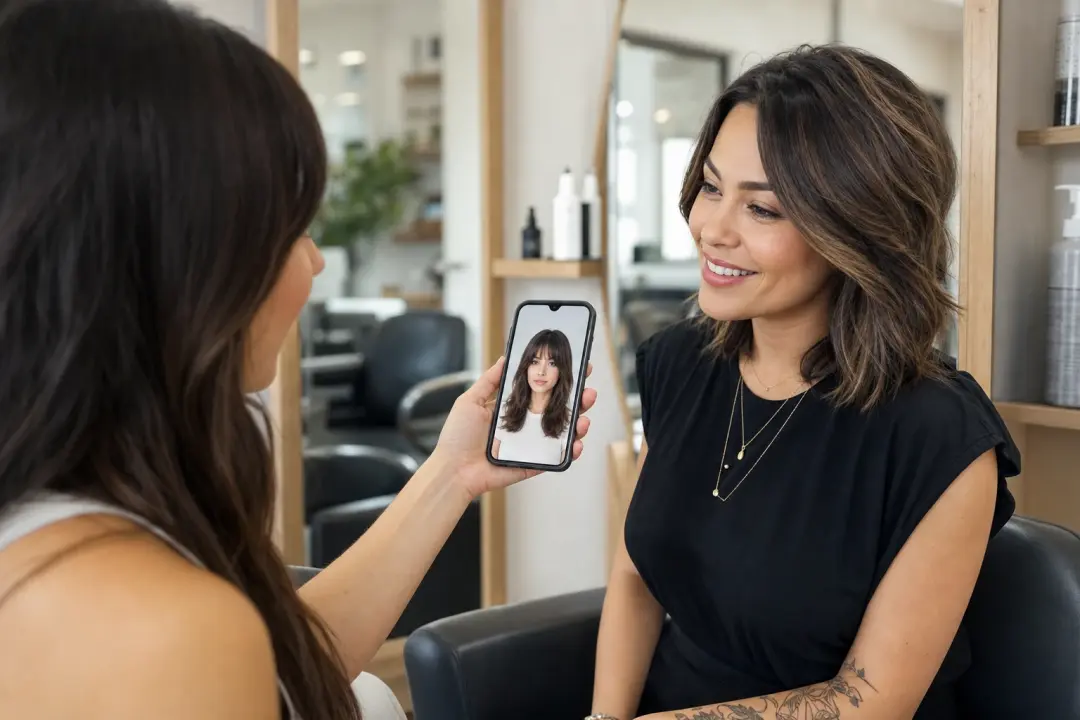 Client showing stylist an ai hairstyle changer reference on a phone screen