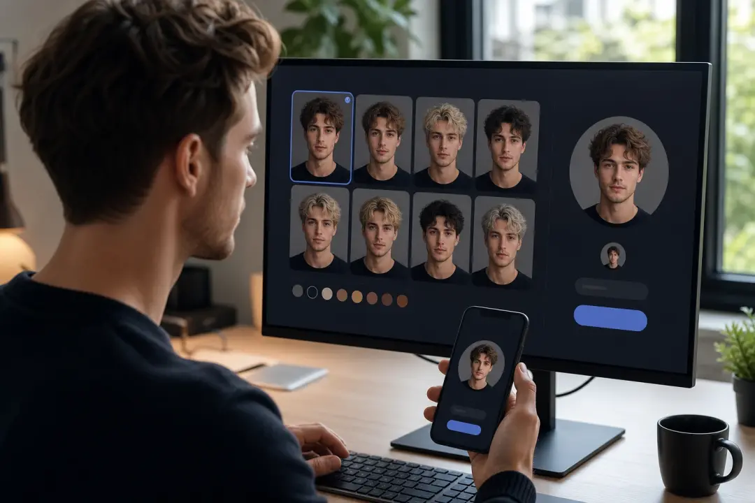 Profile photo creator choosing ai hairstyle changer output for a new avatar