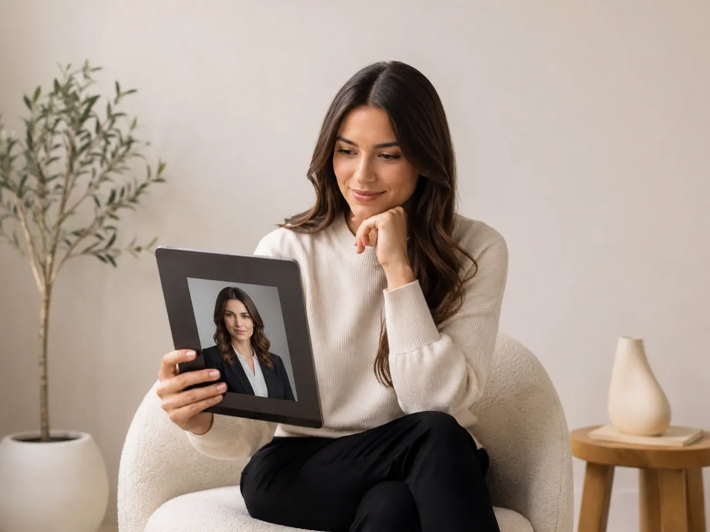 Job seeker reviewing a professional portrait for a resume and LinkedIn profile on screen