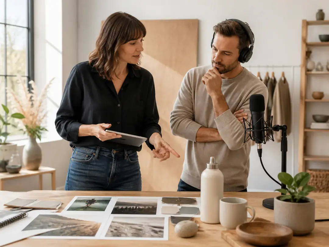 Campaign editor arranging product images and audio notes for an ai human video