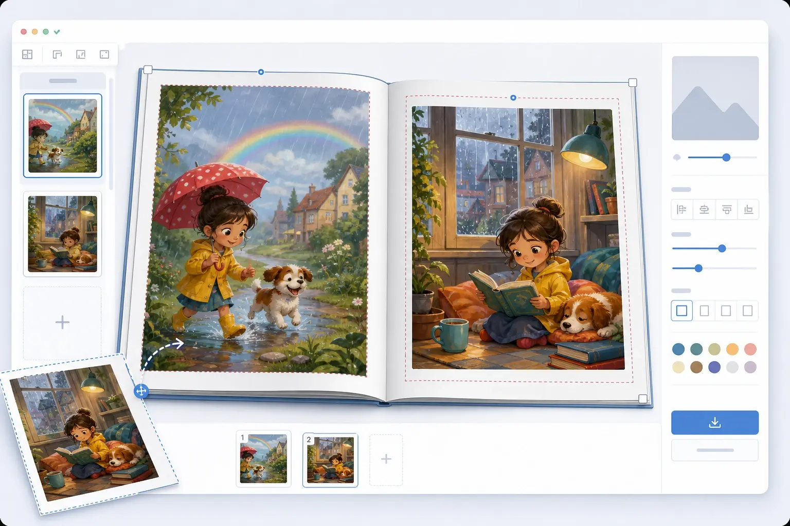 Book spread preview with page crops from ai illustration generator