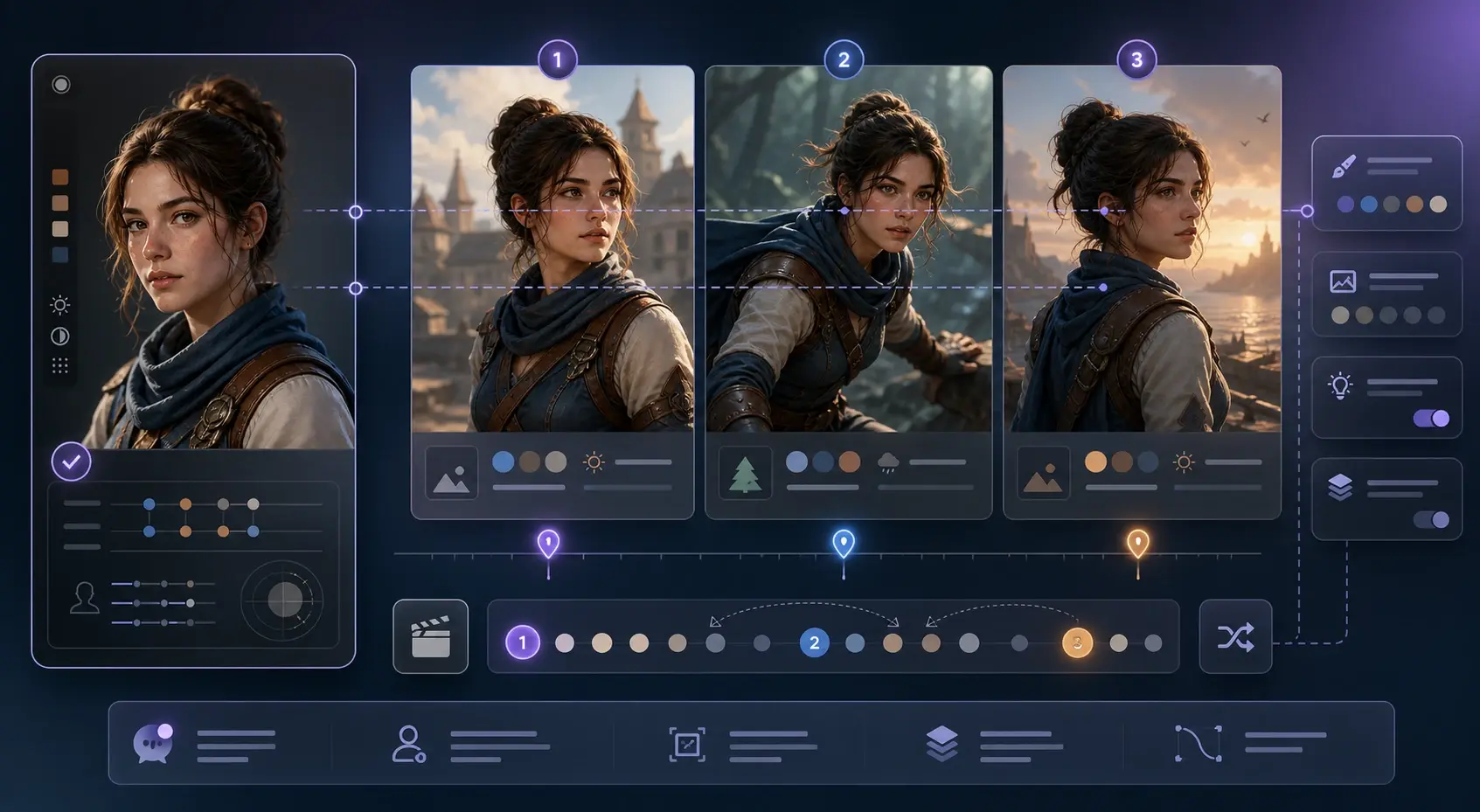 Reference image matched across story scenes by ai illustration generator