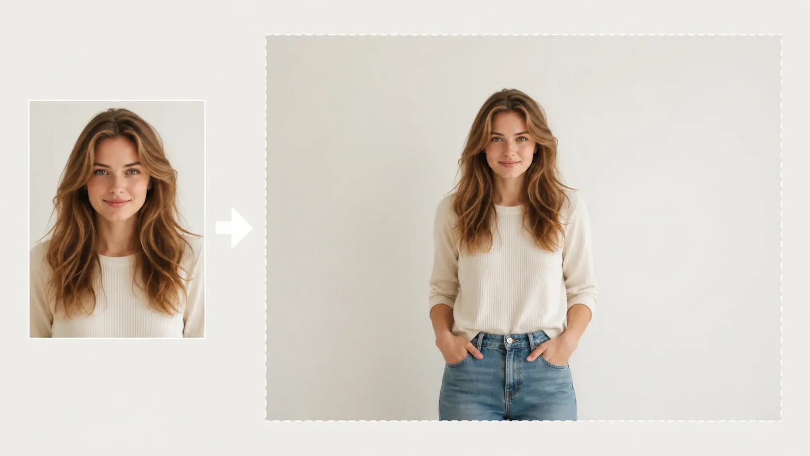 Split view showing an original portrait unchanged while the AI image extender adds room around it