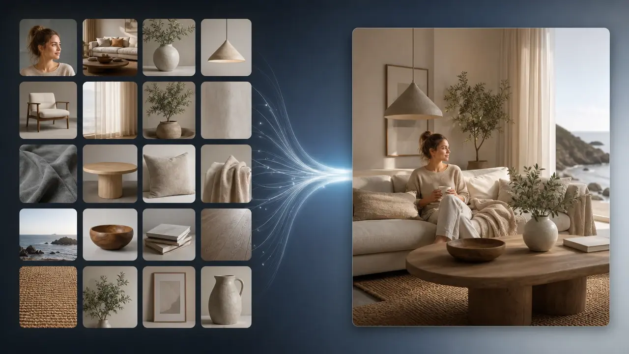 Grid of 18 reference photos feeding into a single combined VideoAI result frame