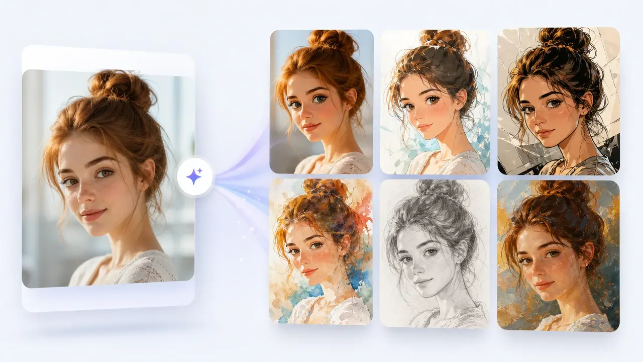 One reference photo rendered in cartoon anime watercolor and oil painting styles by VideoAI