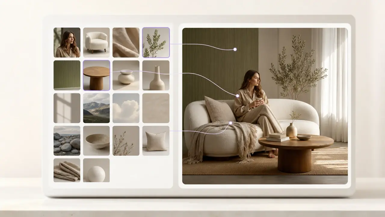 VideoAI workspace showing 18 uploaded reference photos and one blended output picture