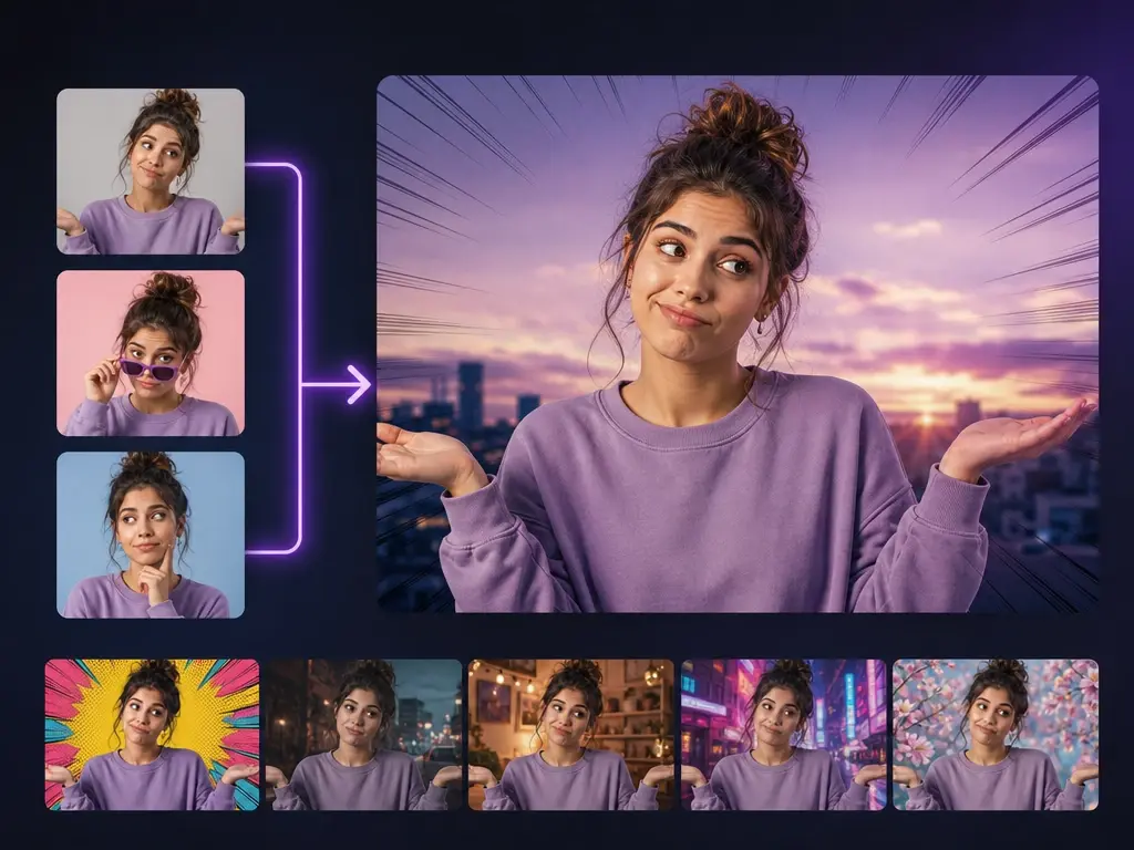 Social creator turning selfies into styled meme stills for a feed inside VideoAI