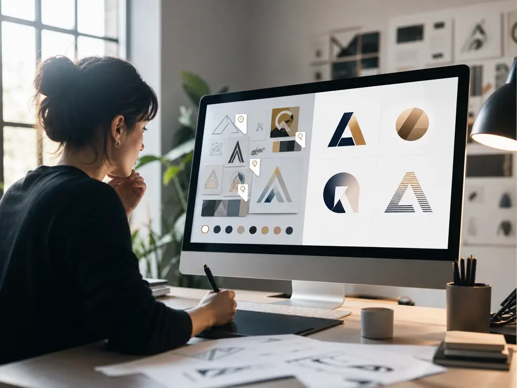 Designer drafting logo concepts from tagged sketch references in the VideoAI workspace