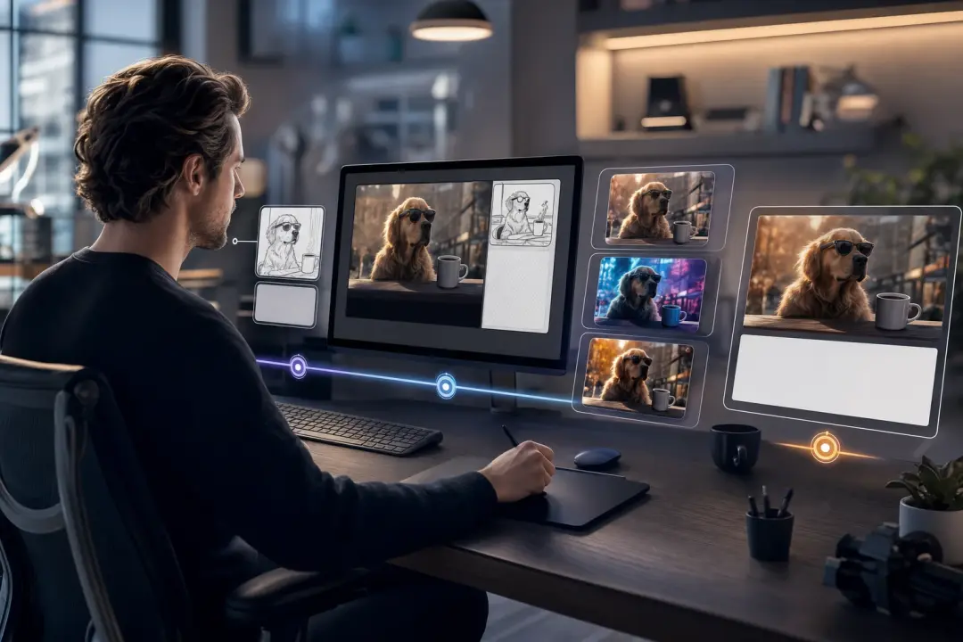Creator drafting a meme scene with ai image generator from text