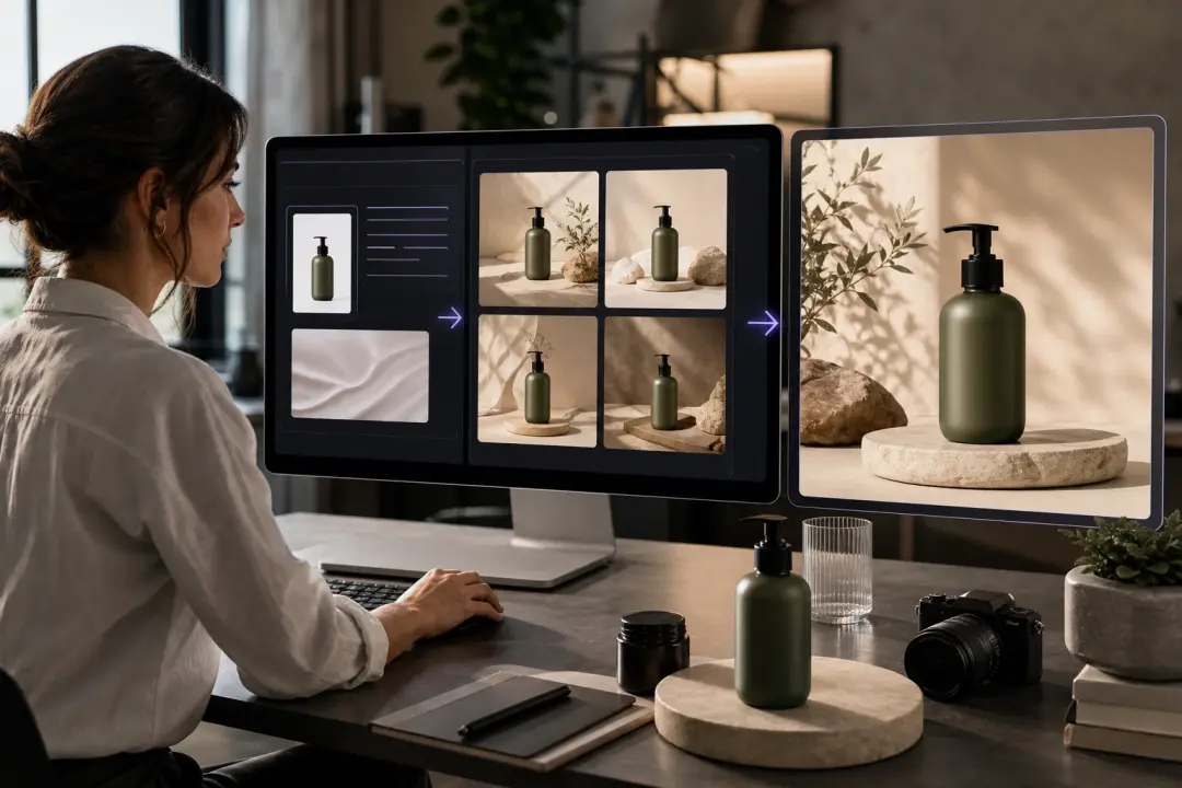 Shop owner making product backdrop through ai image generator from text