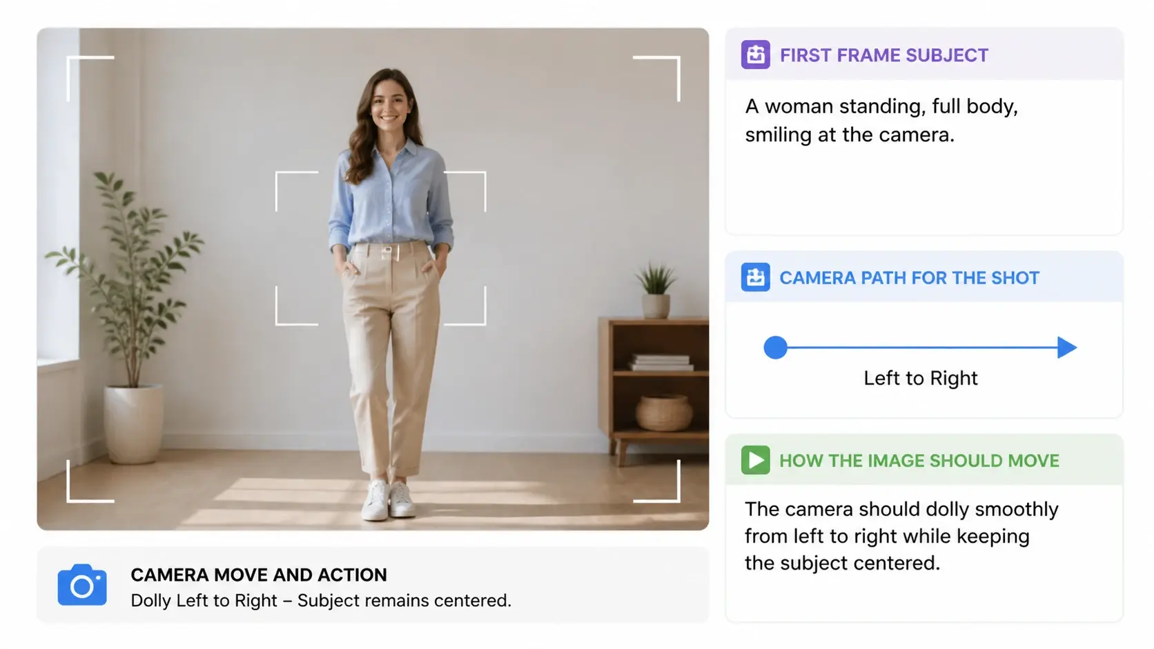 A prompt box beside a photo labeled first frame subject and camera path for the shot