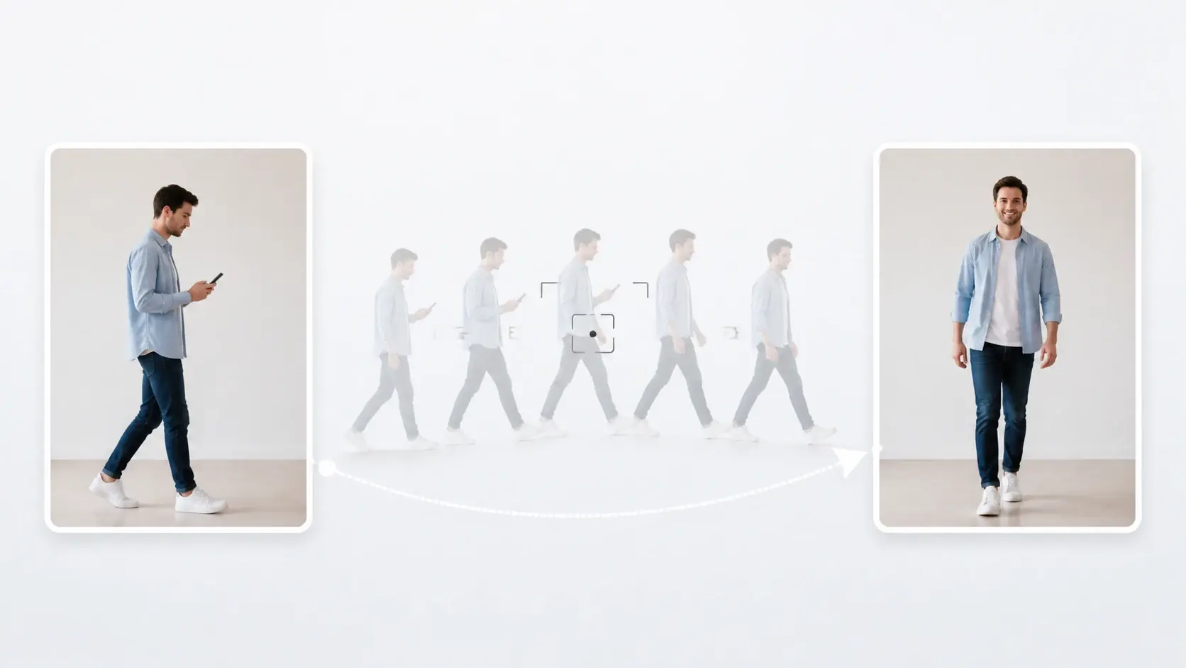 Two photos labeled start frame and end frame with a motion path drawn between them
