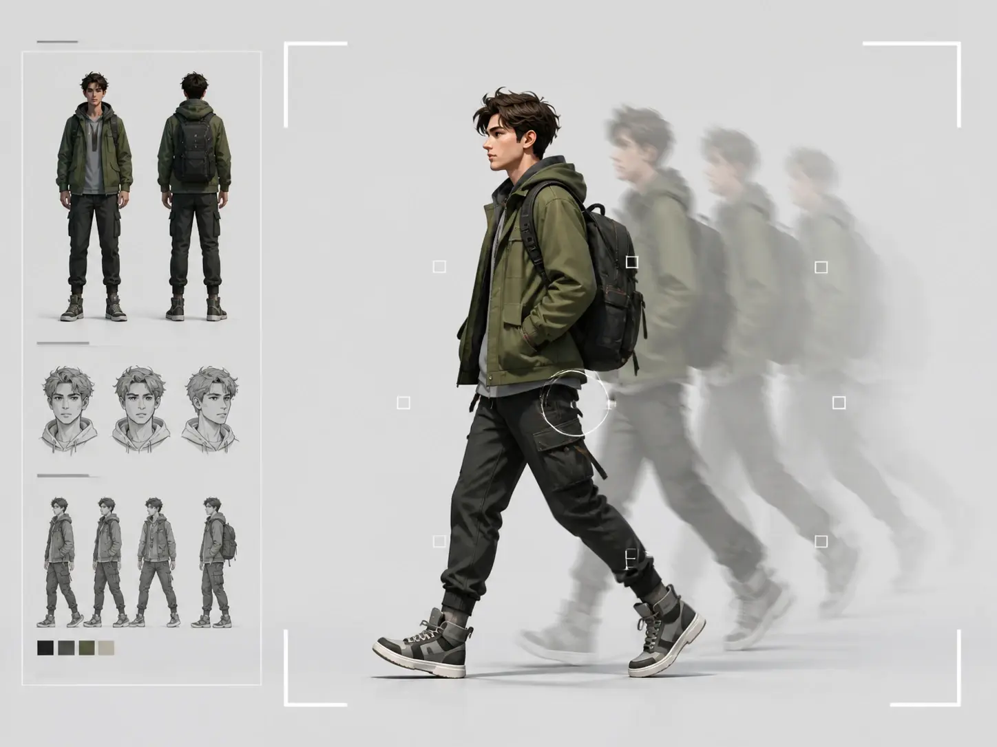 A designer turning concept art and a character sheet into a moving cut on screen
