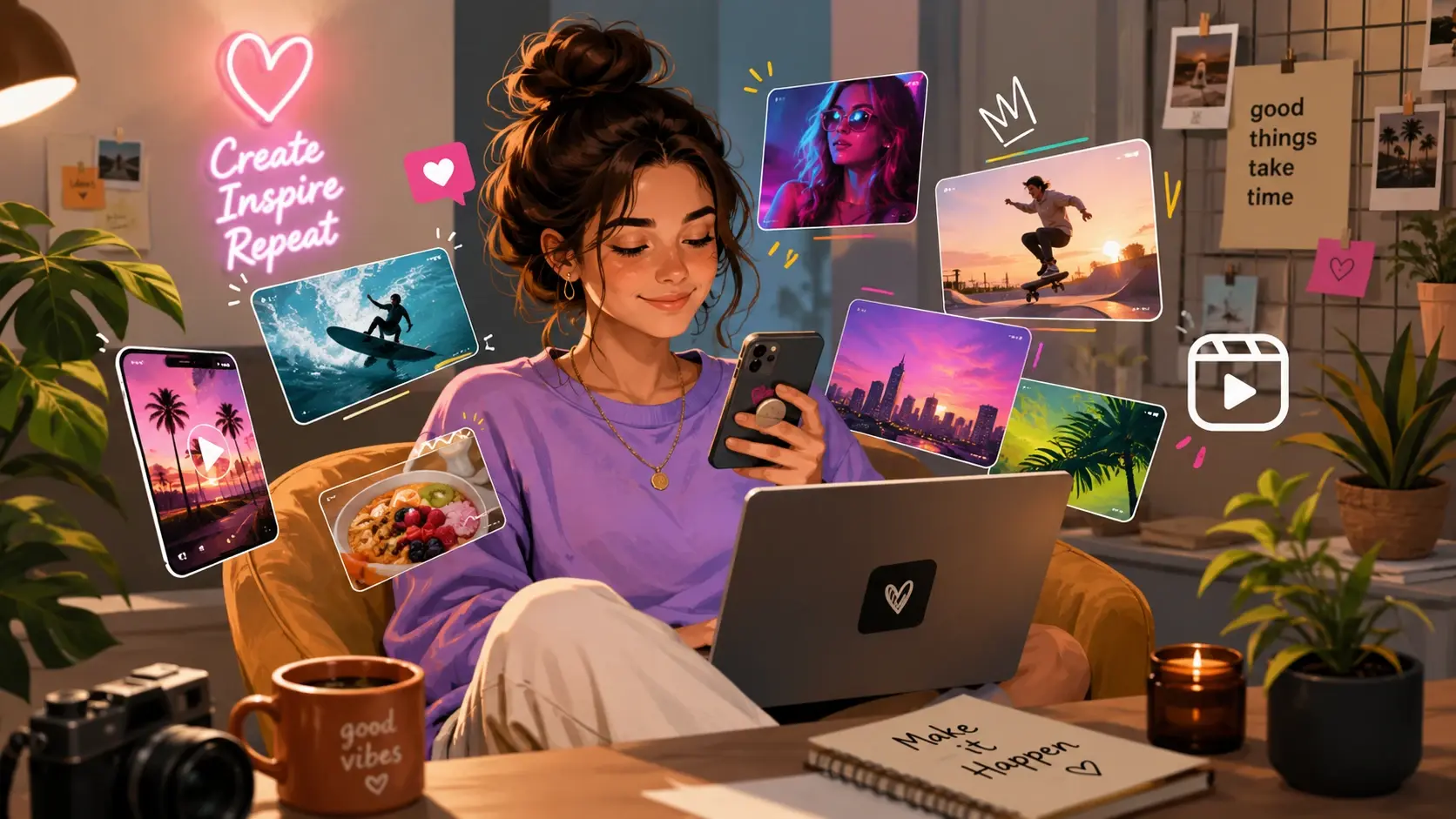 Content creator editing an Instagram reel with an ai reel maker on a laptop