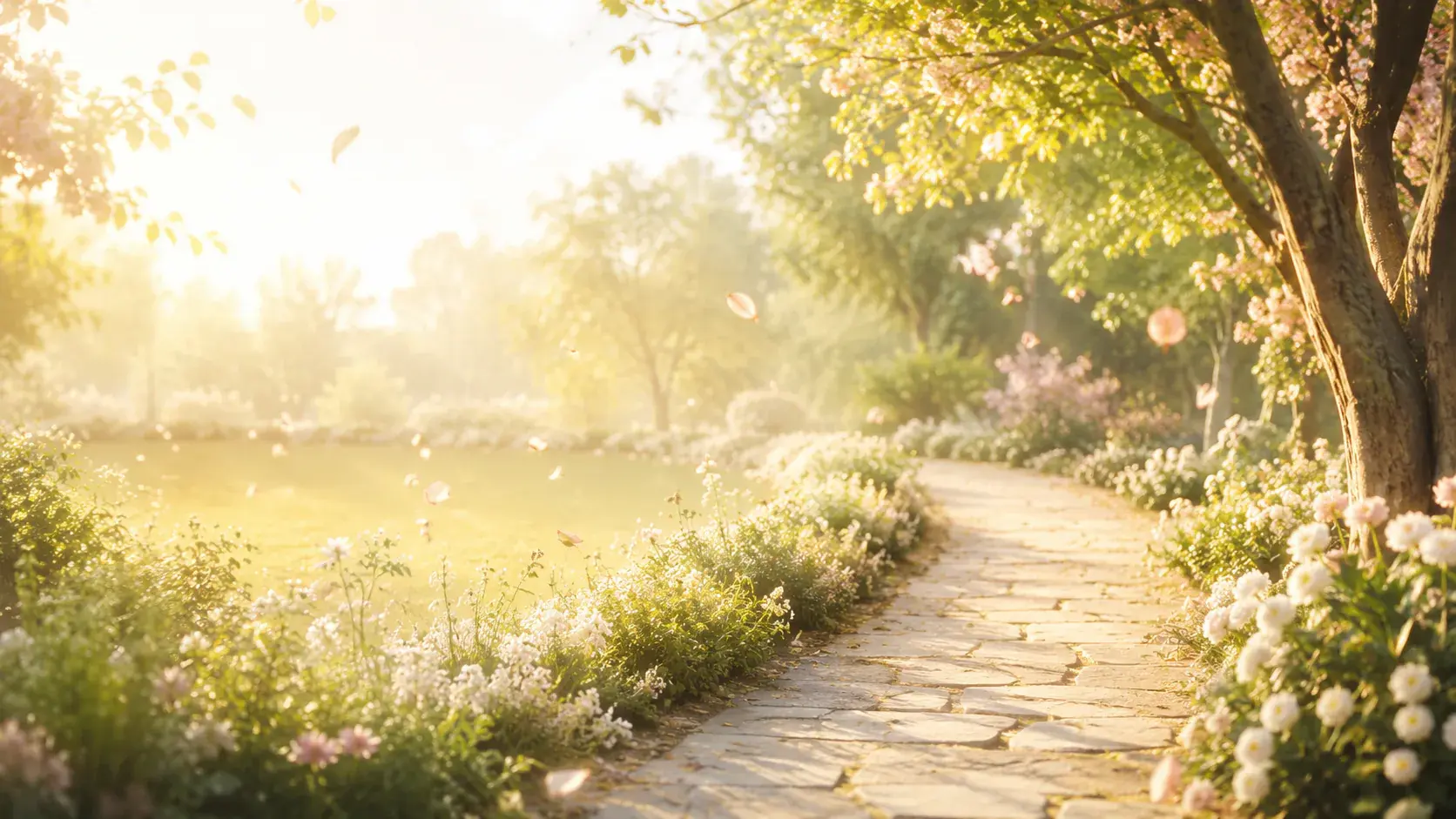 A wide luminous garden path at golden hour with pale flowers and soft drifting leaves