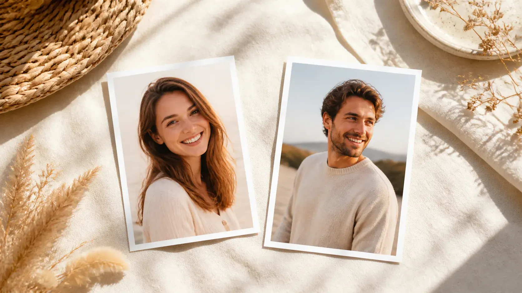 Two separate tasteful portrait photographs of consenting adults placed on a bright linen surface with matching warm daylight and coordinated wardrobe colors.