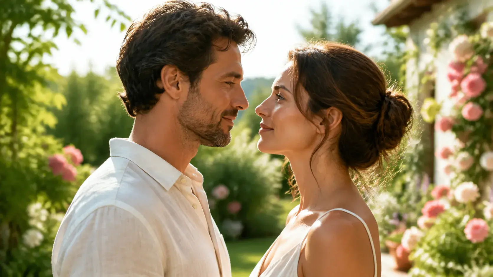 The same adult couple standing face to face in a bright garden