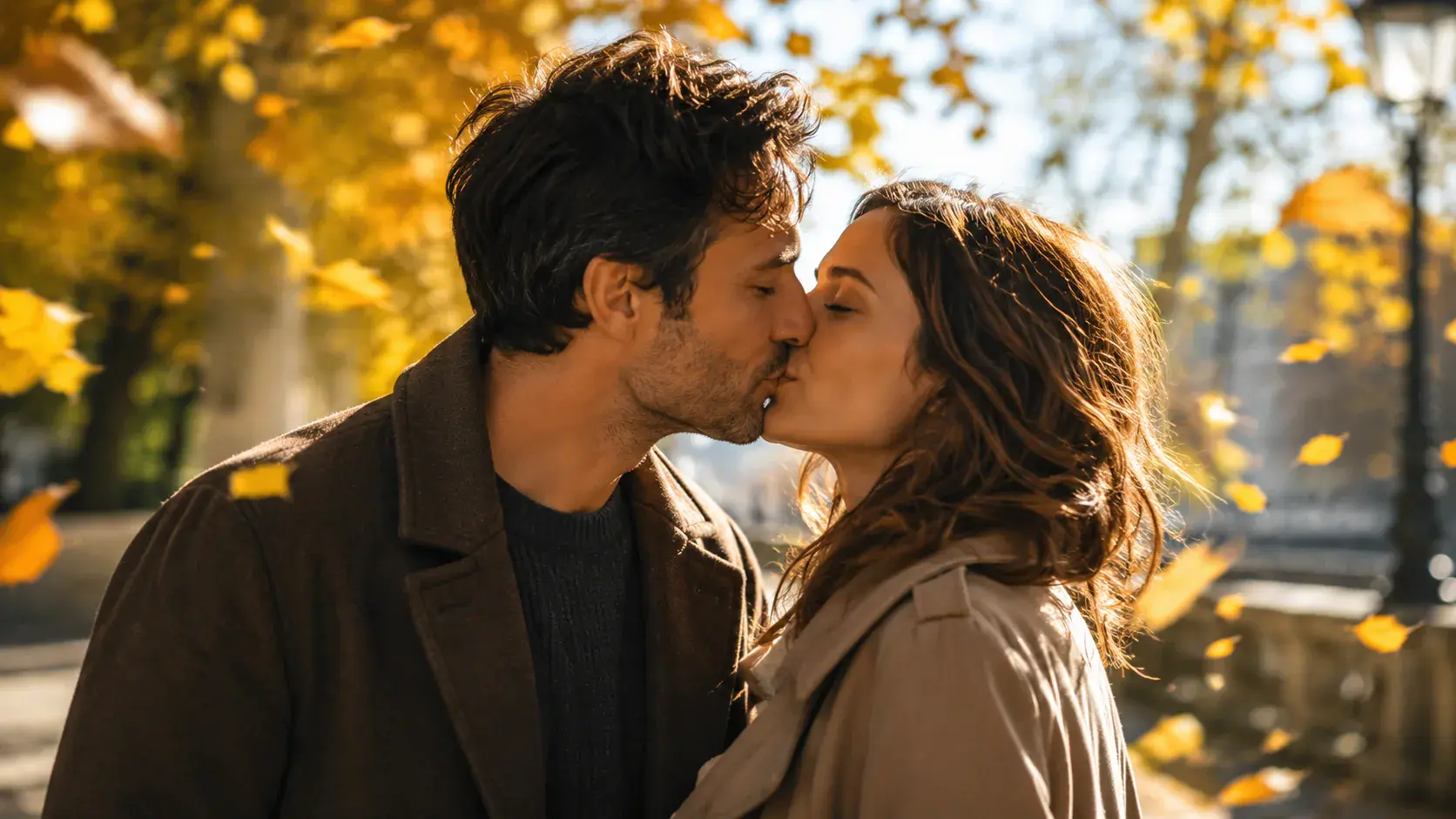 The adult couple sharing a short gentle kiss while leaves move softly behind them