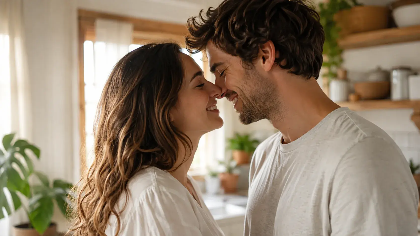 A finished vertical romantic video still of the adult couple stepping apart with warm smiles after a brief kiss