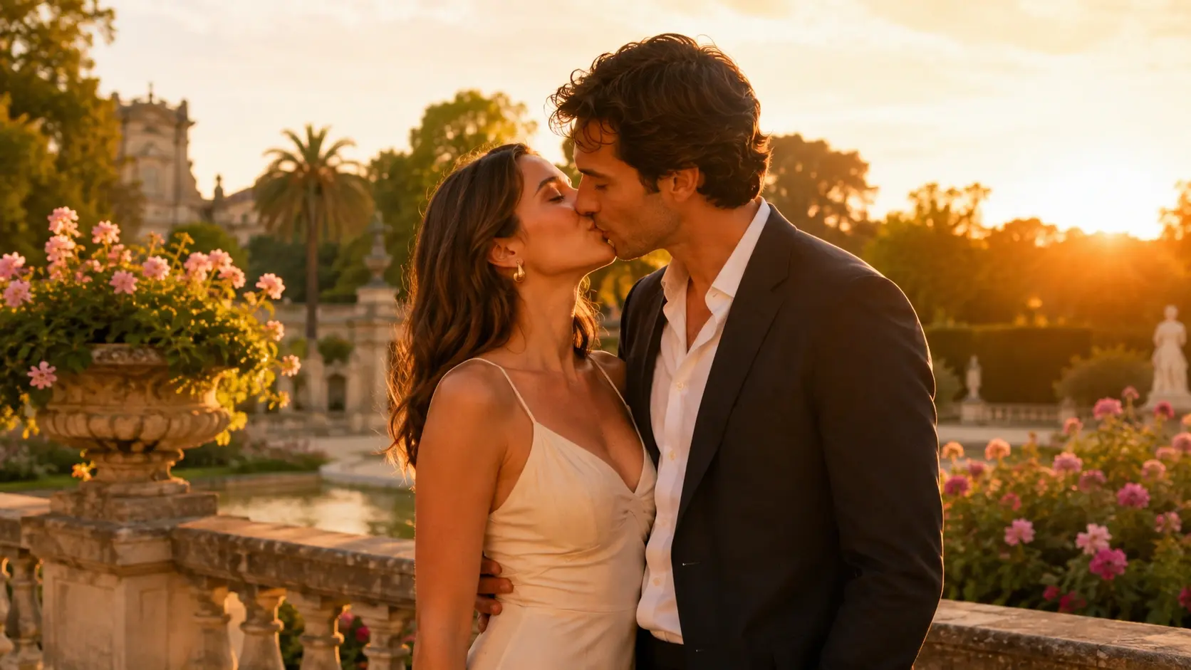 Wide cinematic still of two consenting adults sharing a gentle golden hour kiss
