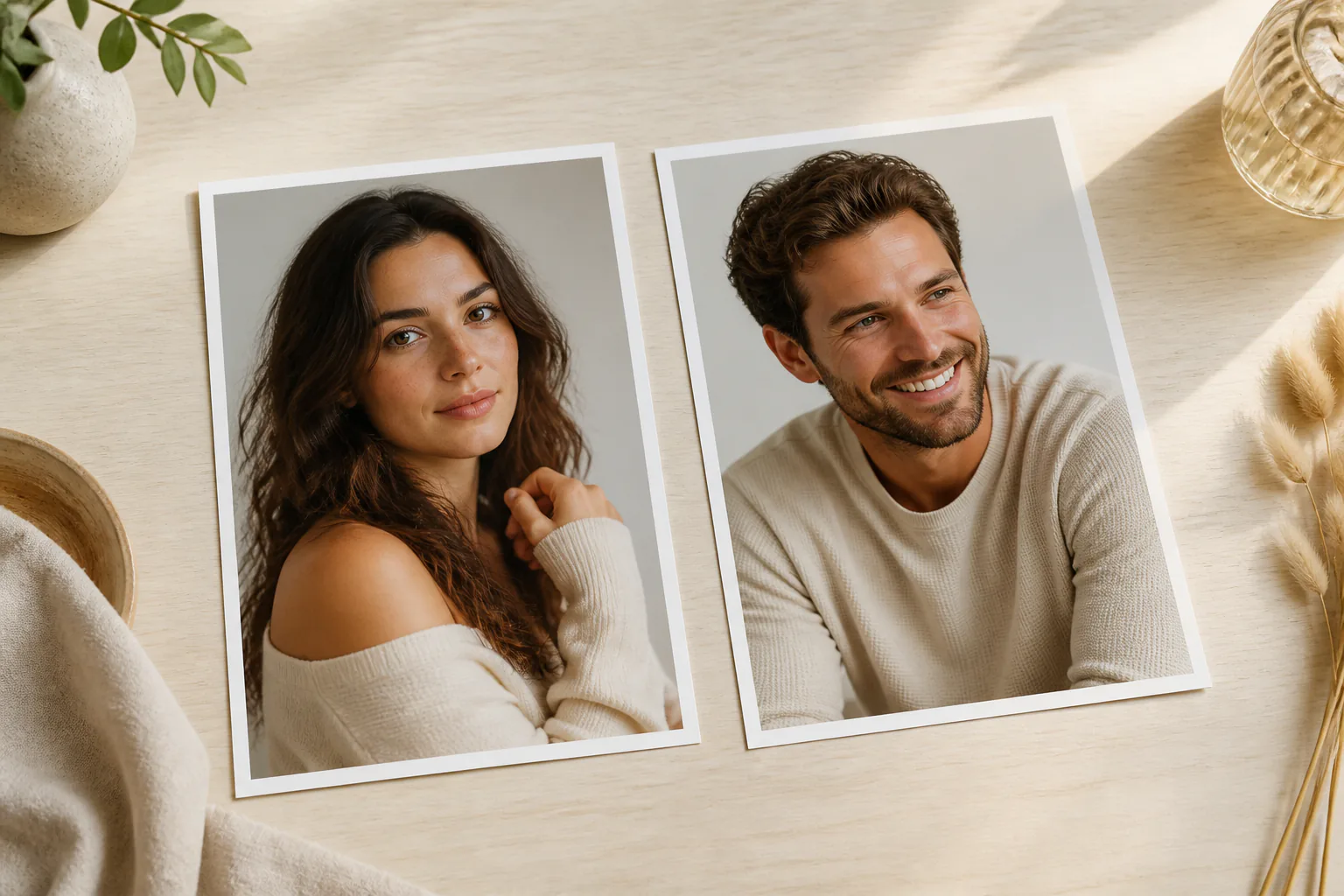 Two tasteful adult portrait prints resting side by side on a pale table