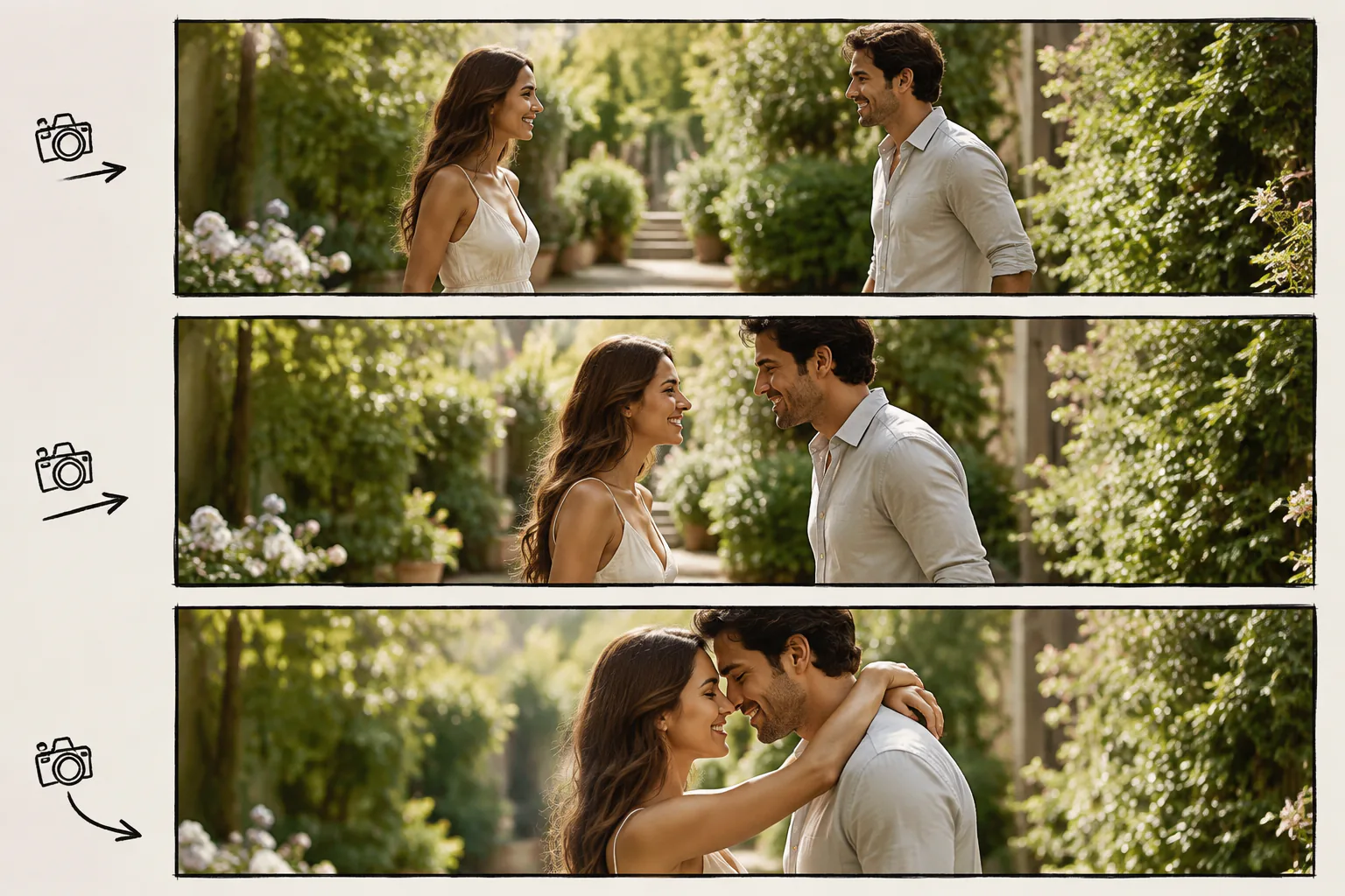 A bright film storyboard made from three blank image frames showing the same consenting adult couple approaching naturally in a garden