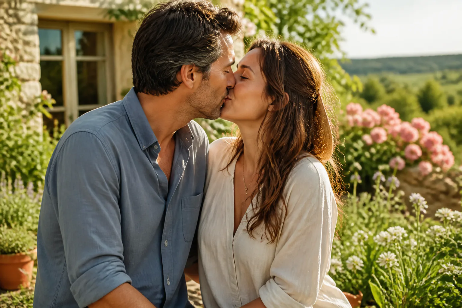 A finished vertical film frame of the same adult couple sharing a brief gentle garden kiss