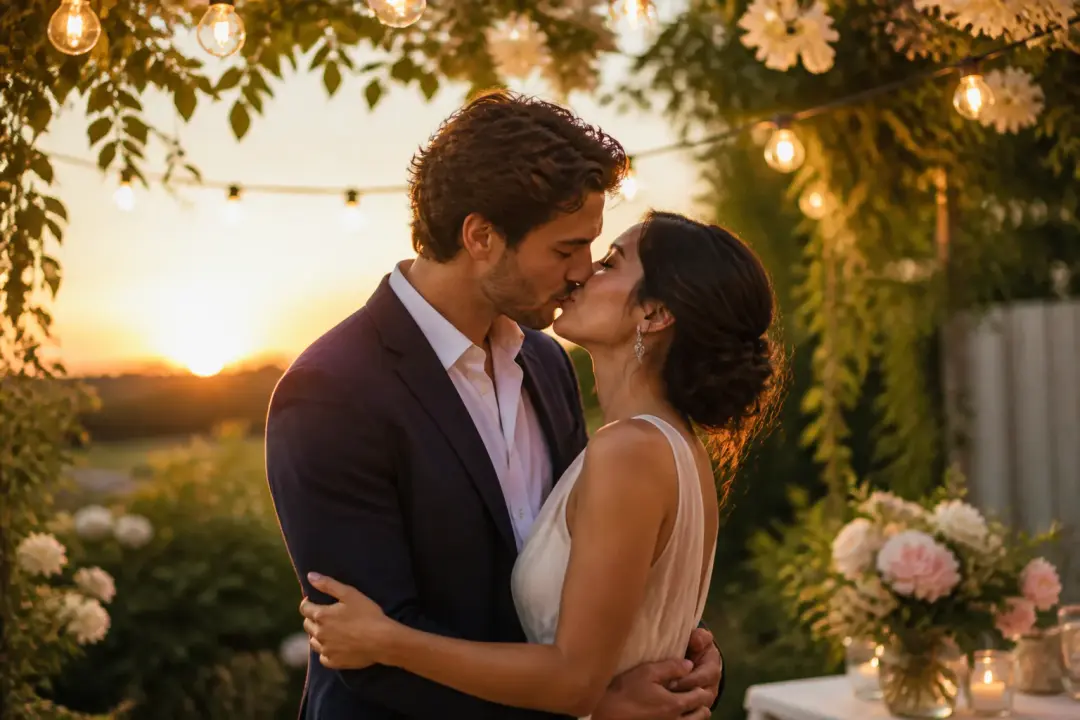 A finished anniversary-film moment of two consenting adults sharing a brief kiss beneath soft garden lights at sunset.