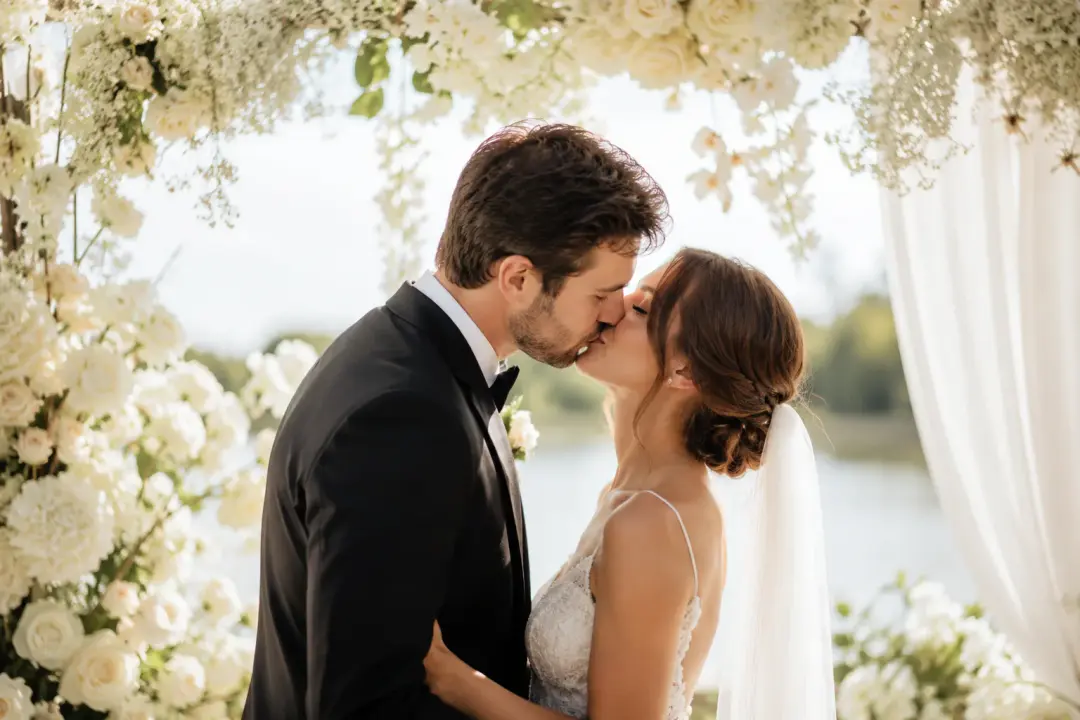 A finished wedding-film moment of an adult newlywed couple sharing a gentle daylight kiss beneath pale flowers