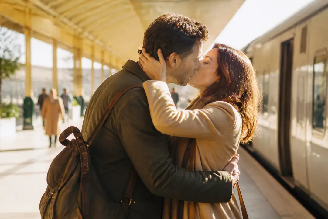 A finished reunion-film moment of two adult partners meeting on a bright train platform and sharing a soft brief kiss