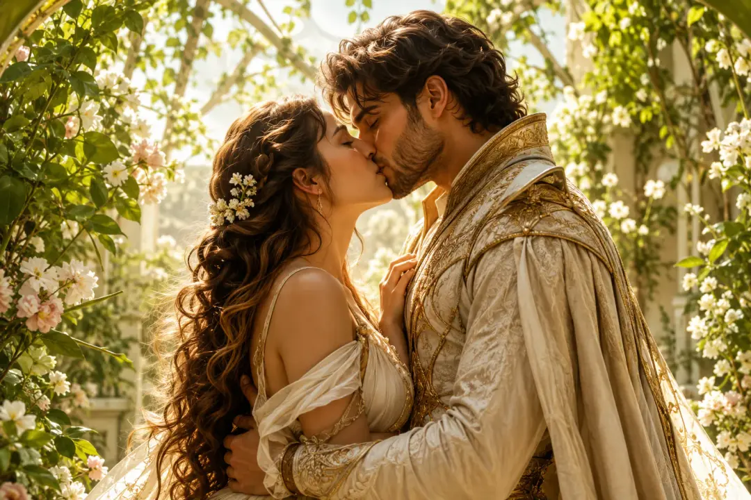 A finished fantasy-romance frame of two clearly adult characters sharing a gentle kiss in a luminous botanical setting