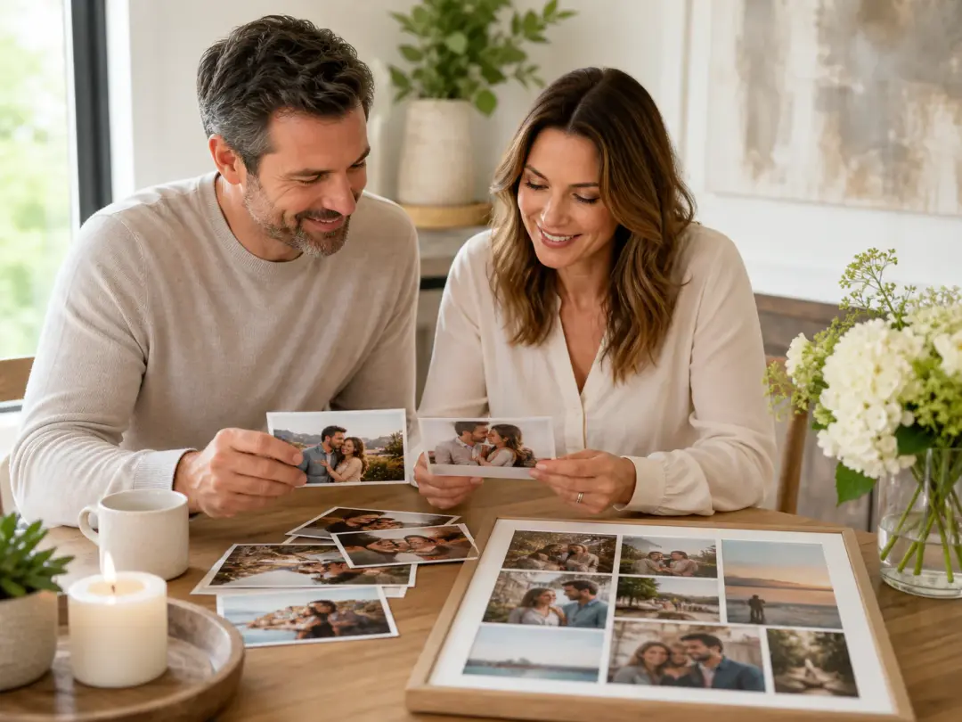 An adult couple planning a tasteful anniversary montage at a bright dining table