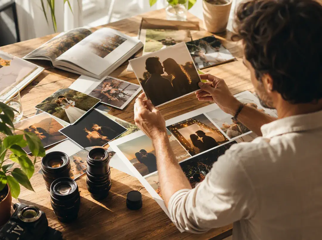 An adult short-film creator arranging romantic scene photographs and lens references on a sunlit studio table.
