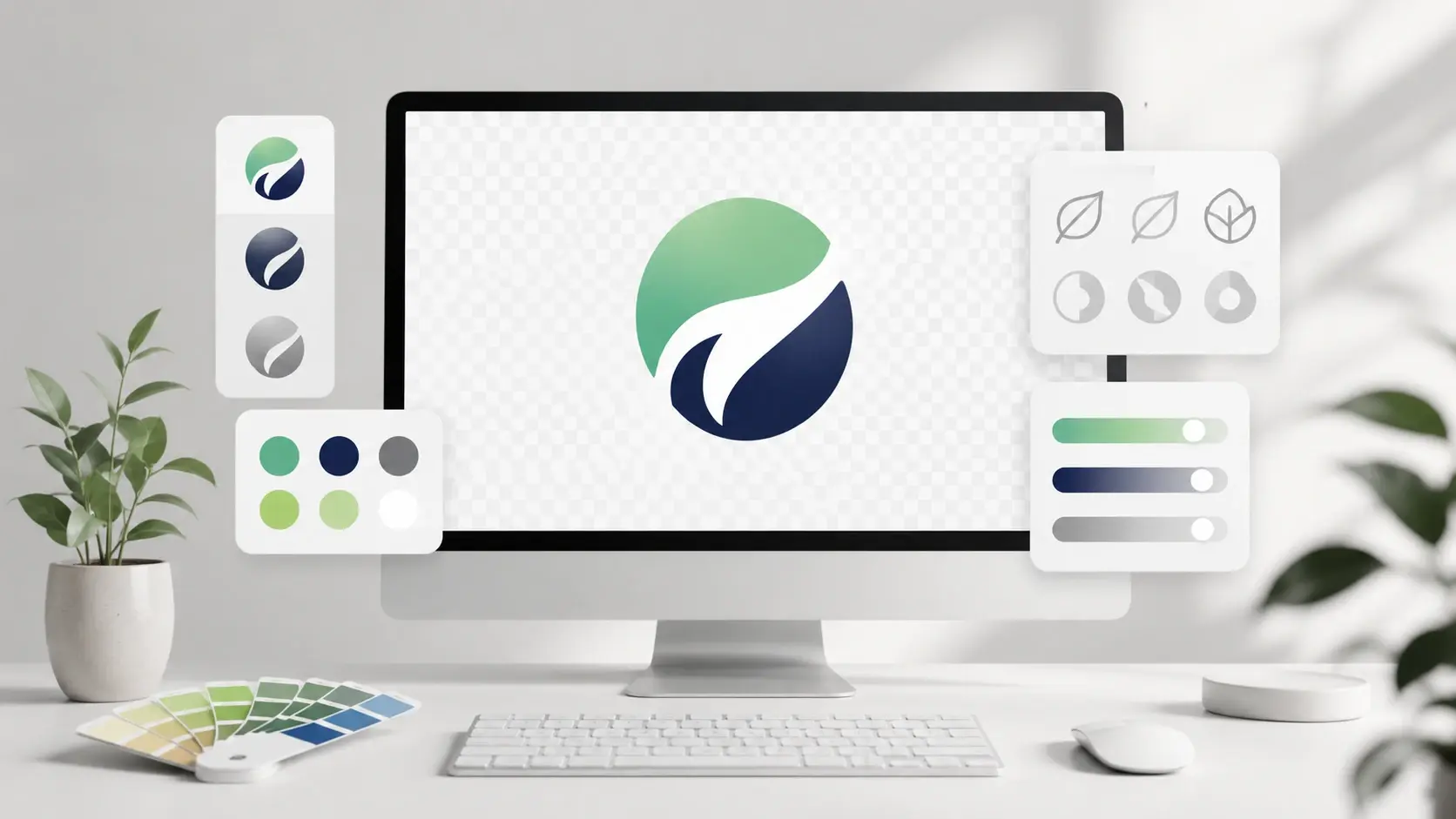 Visual editor adjusting logo text, icon, and colors before a 4K transparent PNG export