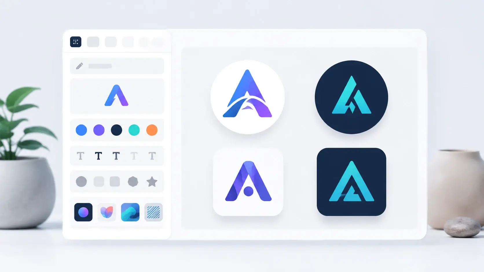 Logo editor with brand name, color palette, and style presets beside four generated logo images