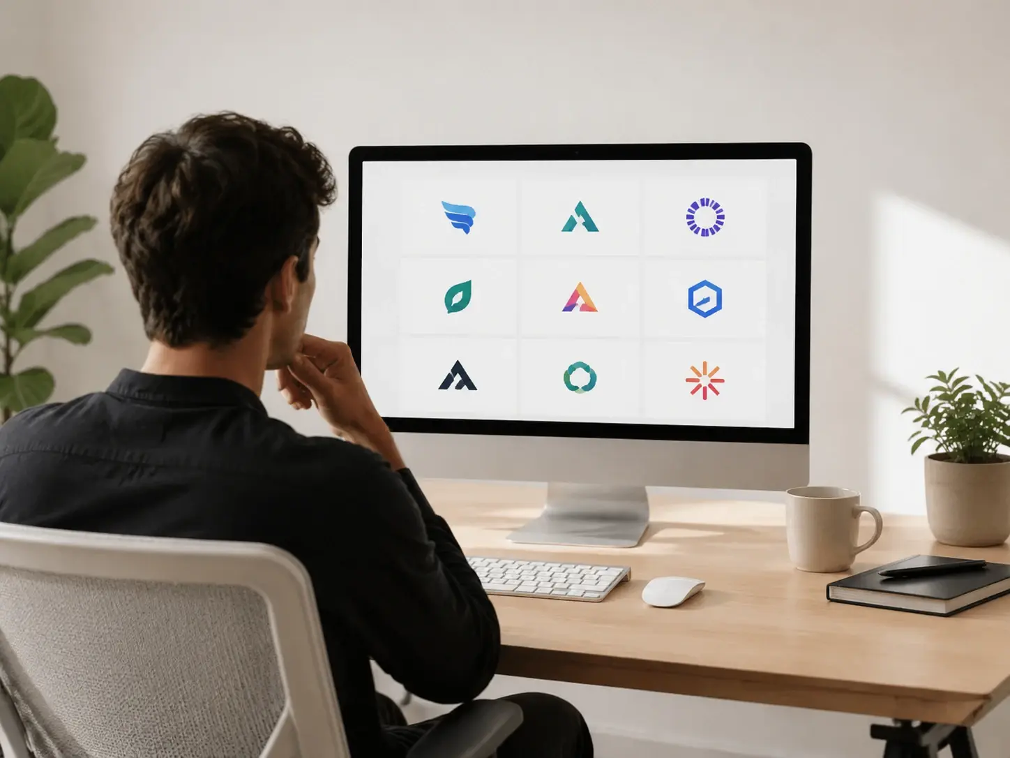 Founder reviewing several logo directions for a new company brand name on screen