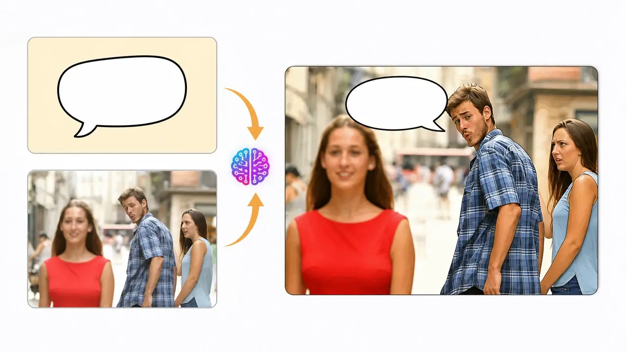 A text box and an uploaded photo both leading to a finished original meme picture