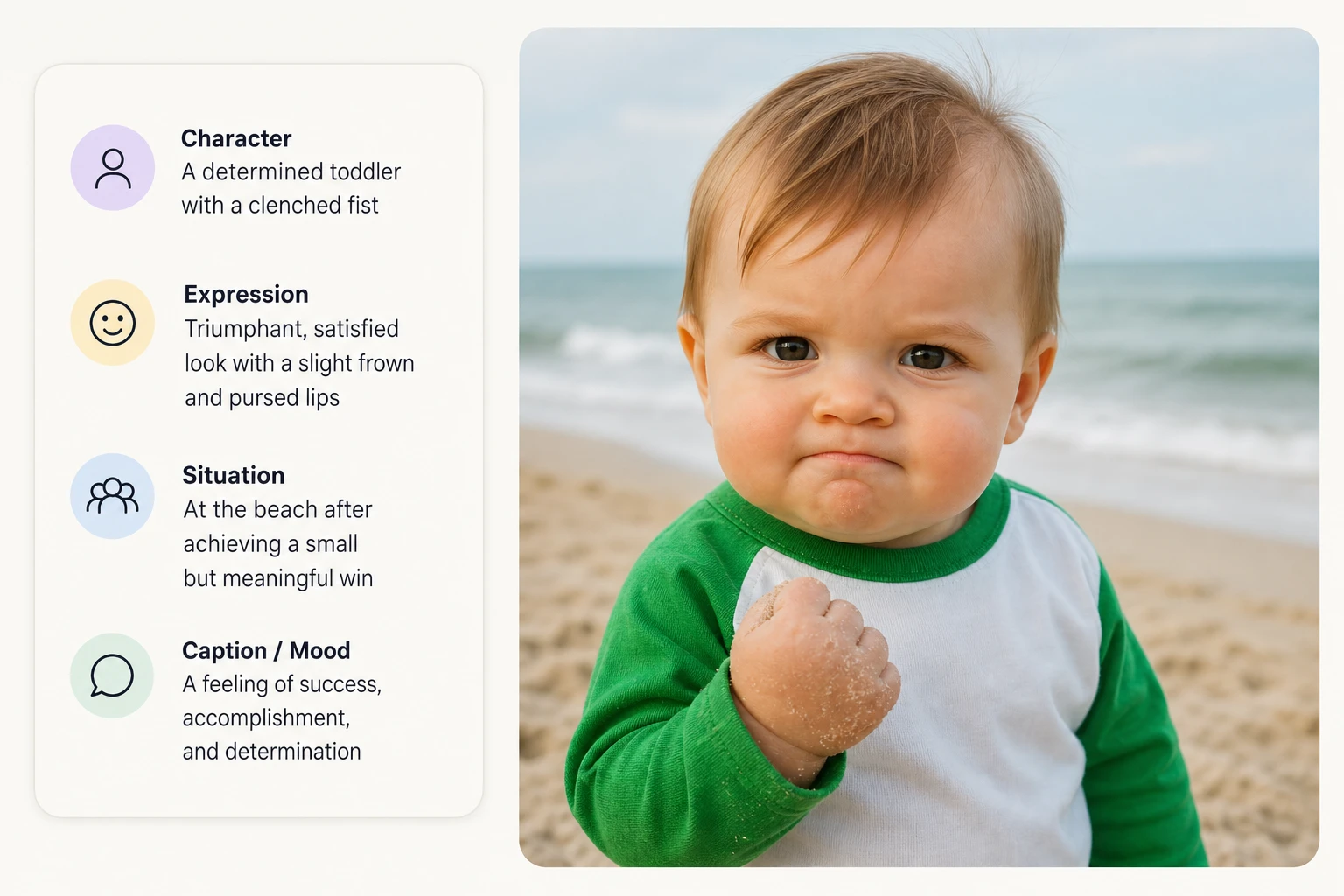 A meme description box filled with details beside an optional uploaded starting photo